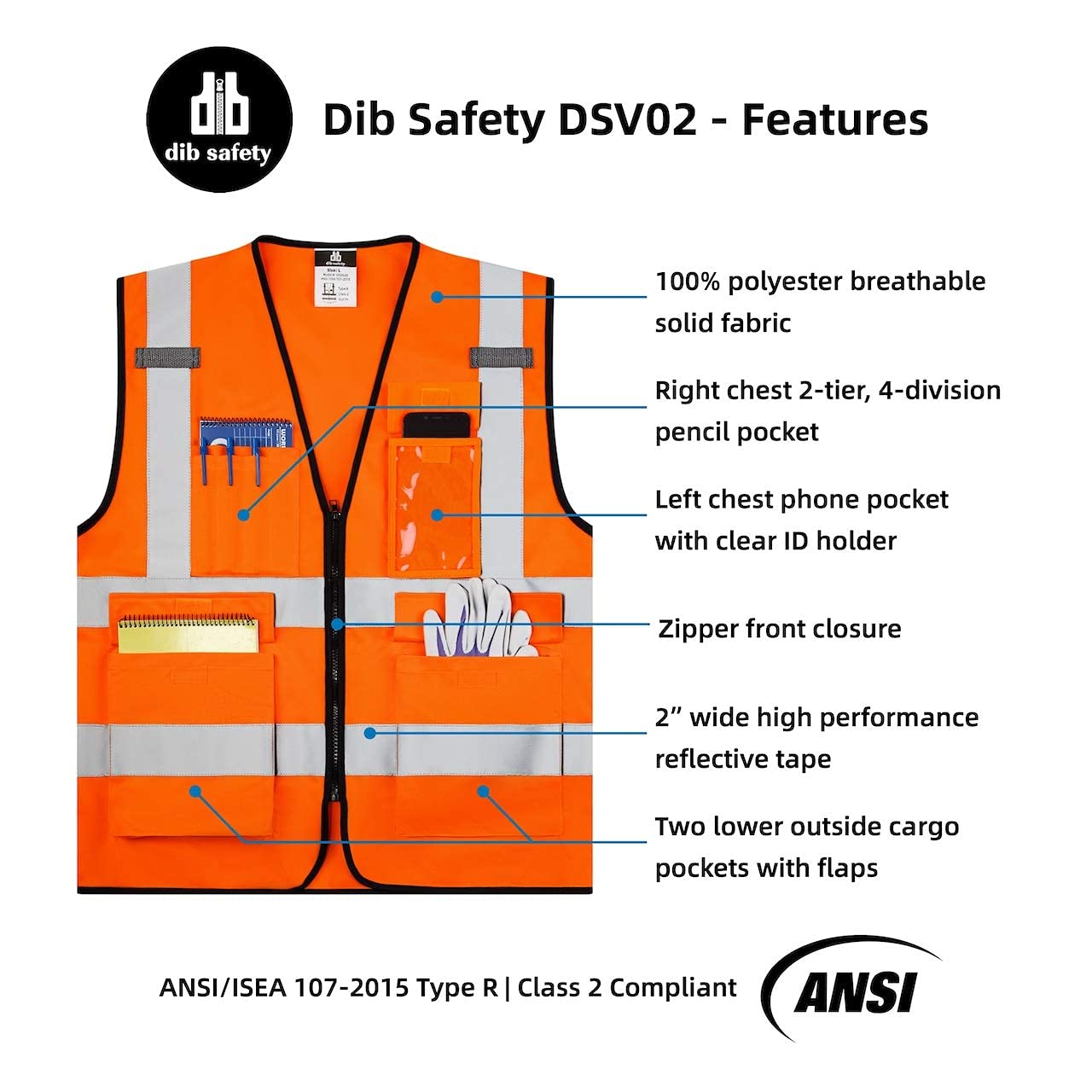 High Visibility Vest with Pockets and Zipper